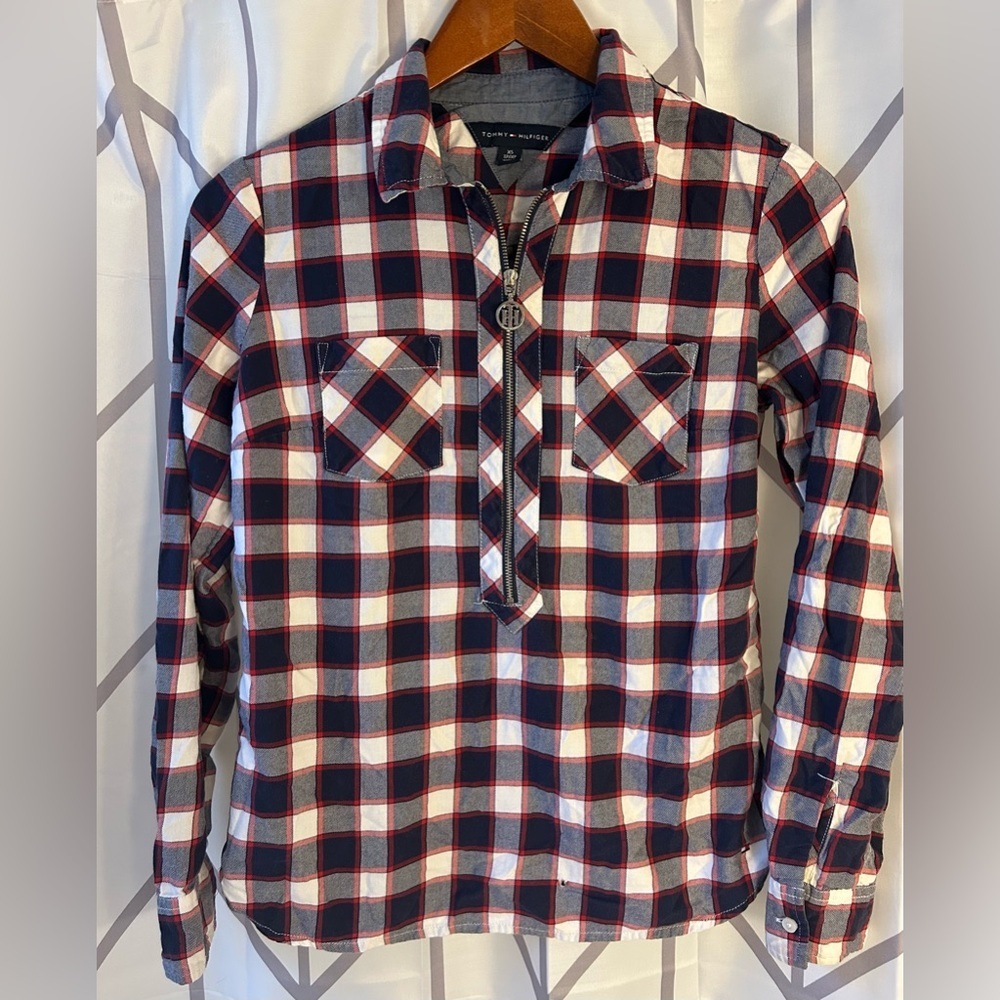 Tommy Hilfiger Women's Plaid Button Down Shirt in Navy, Red, and White